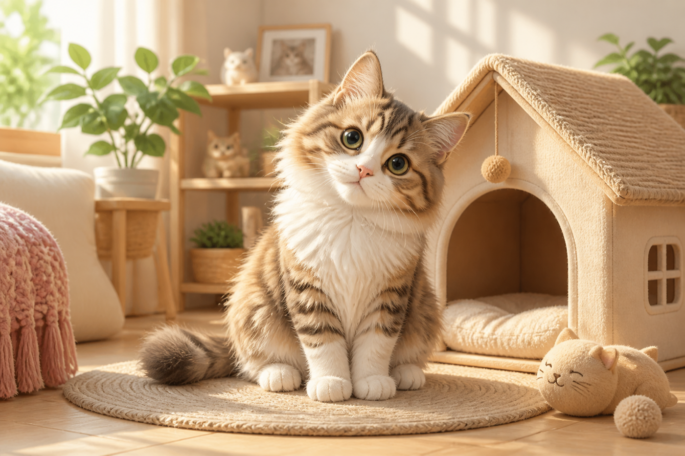 A cute cozy cat in a warm home